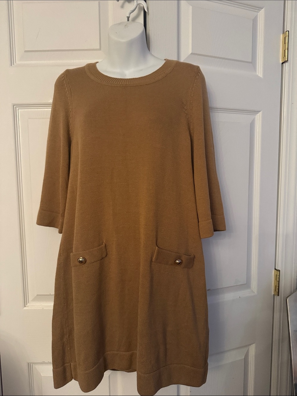 H&M Camel Knit Tunic Dress with Front Pocket Buttons
